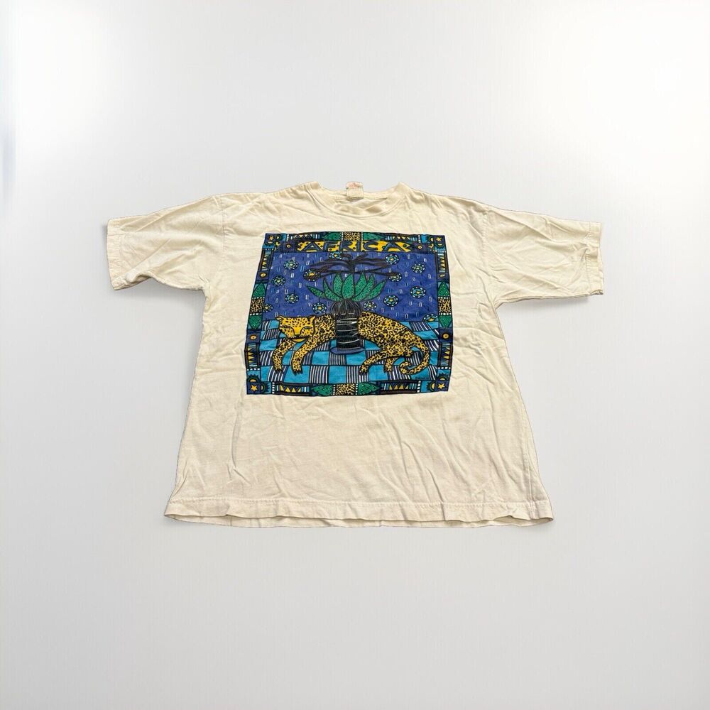 Vintage 90s Earth Mens White Africa Leopard Print Dezign Inc T-Shirt Size M